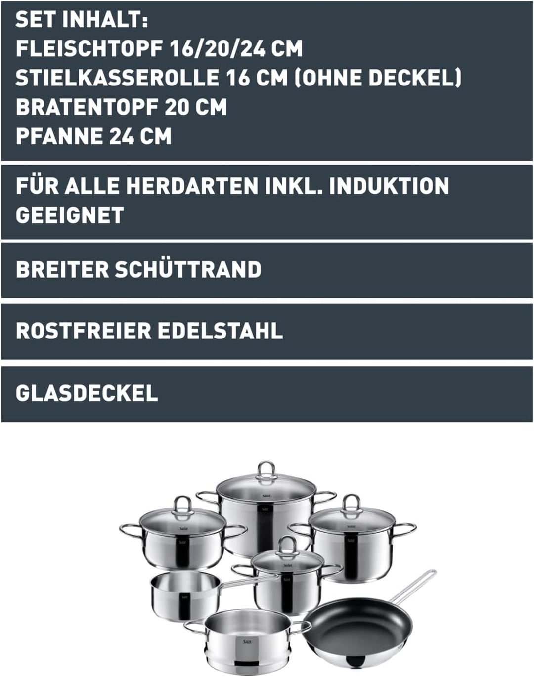 Silit Diamant Topfset Induktion 7-teilig, Kochtopf Set mit Glasdeckel, Pfanne, Dämpfer, Edelstahl po