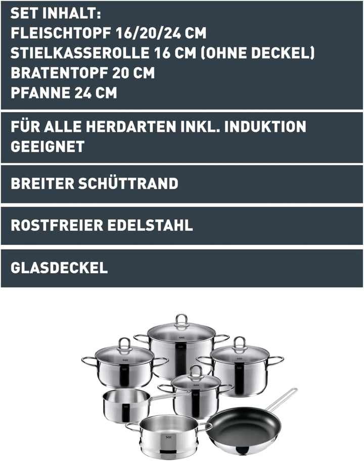 Silit Diamant Topfset Induktion 7-teilig, Kochtopf Set mit Glasdeckel, Pfanne, Dämpfer, Edelstahl po