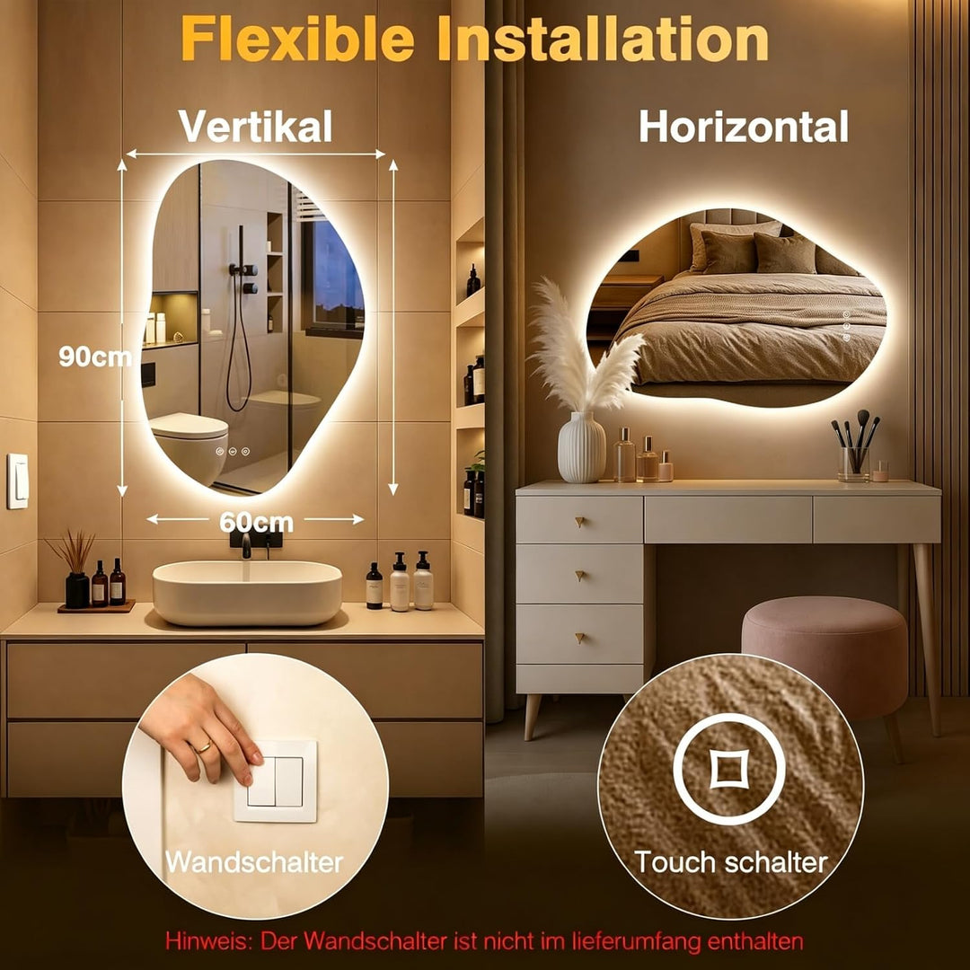 Spiegel mit Beleuchtung Asymmetrischer, LED Badspiegel mit Touch-Schalter, 3 Lichtfarbe, Dimmbar, Be