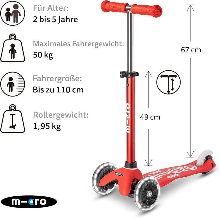 Micro Scooters | Mini Micro Deluxe LED Children's Scooter | Handlebar Adjustable | Light Up Wheels |