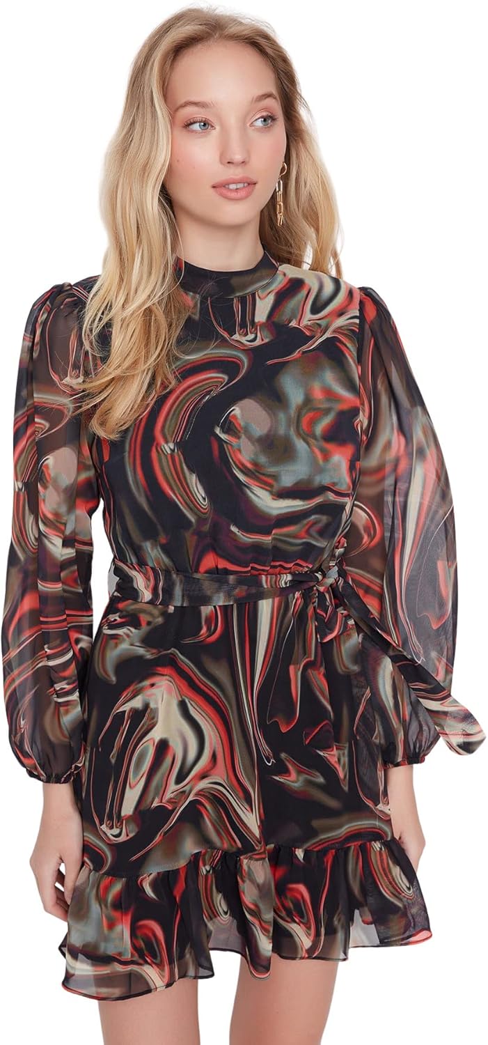 TRENDYOL Damen Woman Mini Skater V-Ausschnitt Webstoff Kleid 40 Schwarz, 40 Schwarz