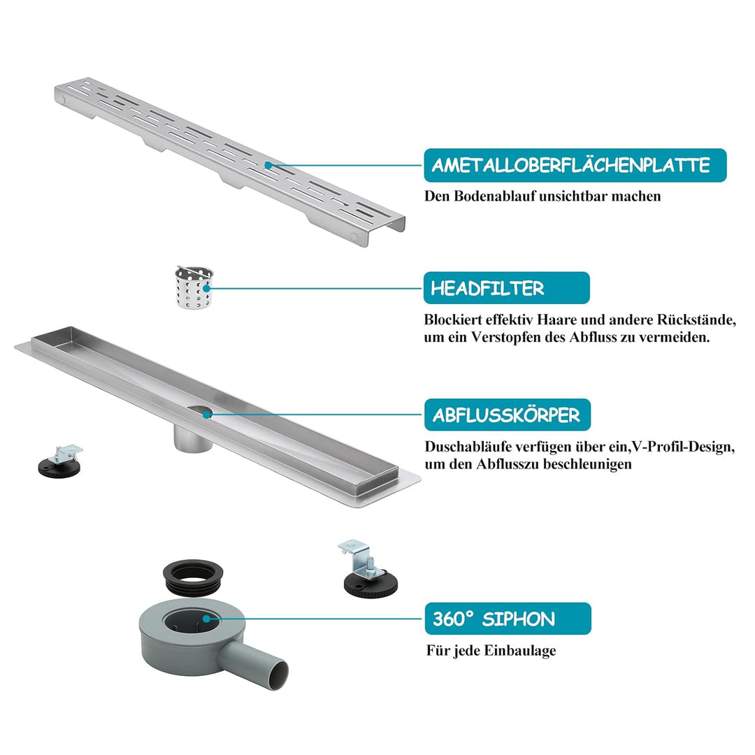 100 * 7cm Duschrinne 304 Edelstahl, Bodenablauf mit 360° Siphon Geruchsstop, Duschablauf mit 2 Ablau