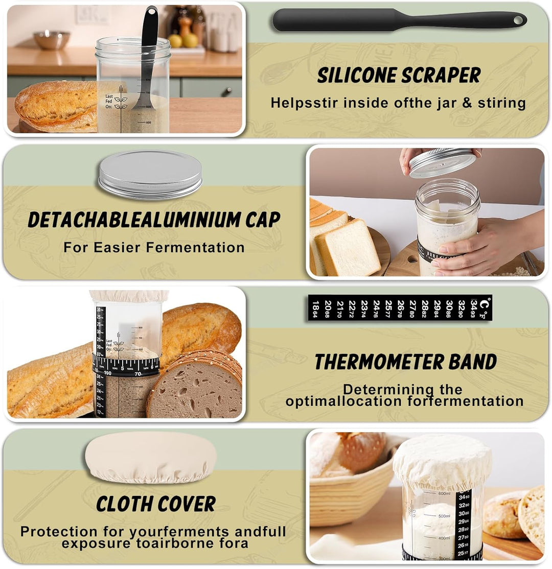 Sauerteig Starter Jar Kit 1000ml Gärglas mit Spatel, Sauerteig Glas, Fermentierglas, Sourdough Start