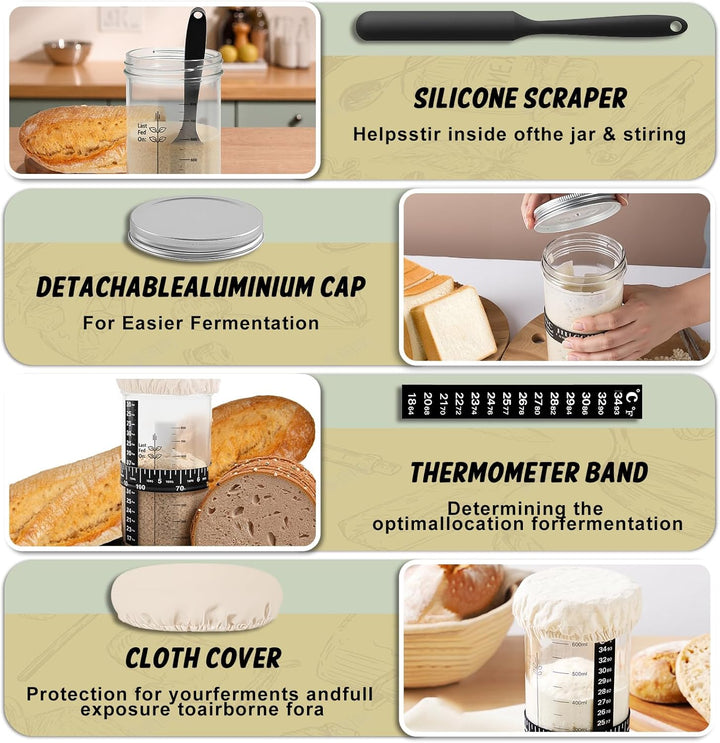 Sauerteig Starter Jar Kit 1000ml Gärglas mit Spatel, Sauerteig Glas, Fermentierglas, Sourdough Start