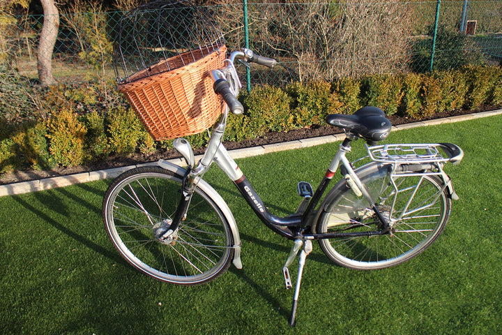 Marcus-Hundefahrradkorb für Fahradlenker aus Weide mit Metallgitter und Kissen XL oder XXL Natur Wei
