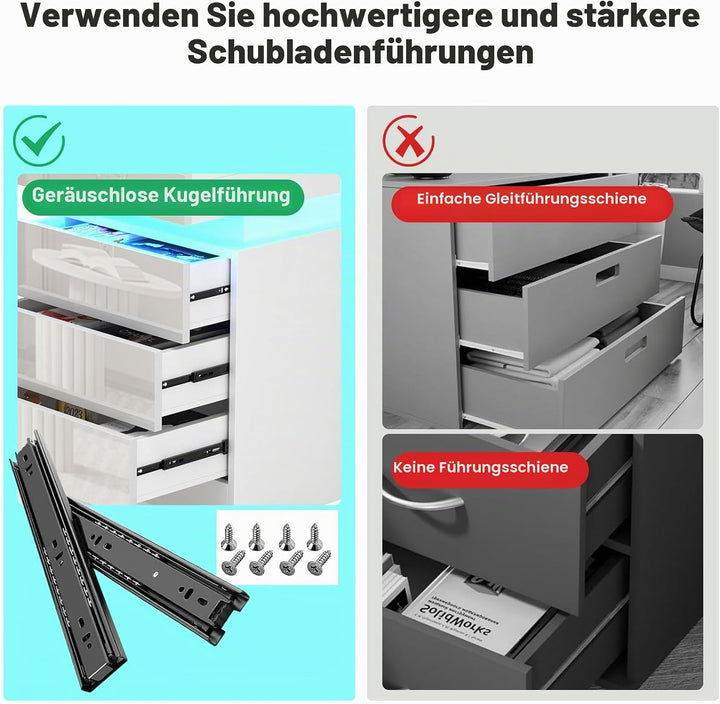 Lvhcmfohm Nachttisch Weiss 2er Set, Nachtschrank mit Led Licht, Nachtkommode mit 3 Schubladen und Sc