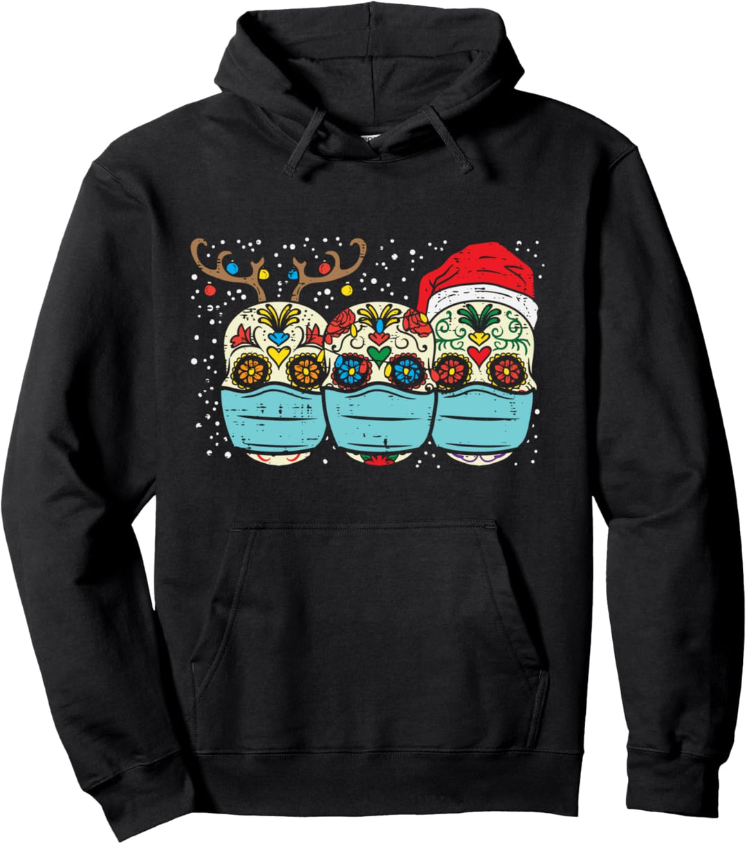 Sugar Skull Santa Face Mask Mexican Xmas Quarantine Gift Pullover Hoodie