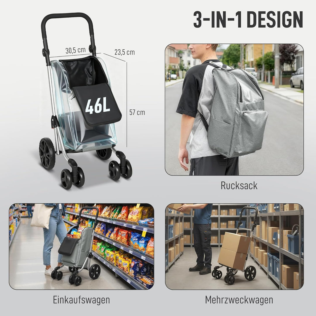 HOMCOM Einkaufstrolley klappbar Einkaufswagen mit Kühlfach, verstellbar Griff, 46L Kapazität, 3in1 T