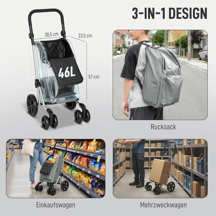 HOMCOM Einkaufstrolley klappbar Einkaufswagen mit Kühlfach, verstellbar Griff, 46L Kapazität, 3in1 T