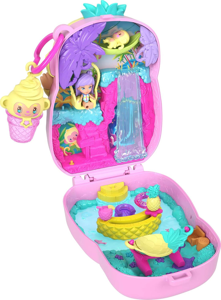 Polly Pocket Puppen und Spielset, Ananas-Äffchen-Schatulle, Reisespielzeug mit 1 Mikropuppe, Haustie