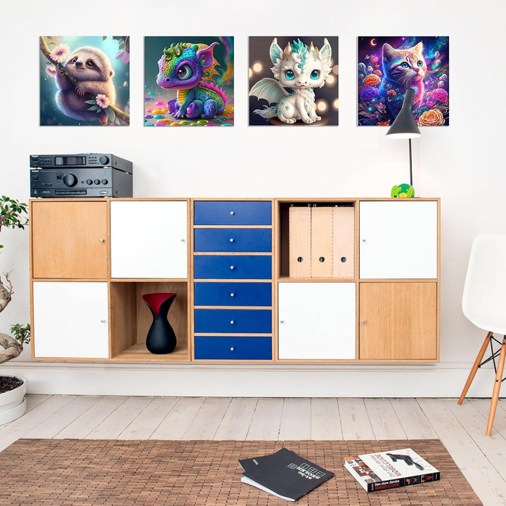 KEYRANKE 4er Diamond Painting Kinder Kleine Bilder, Diamant Painting Bilder Set Tiere Katze Faultier