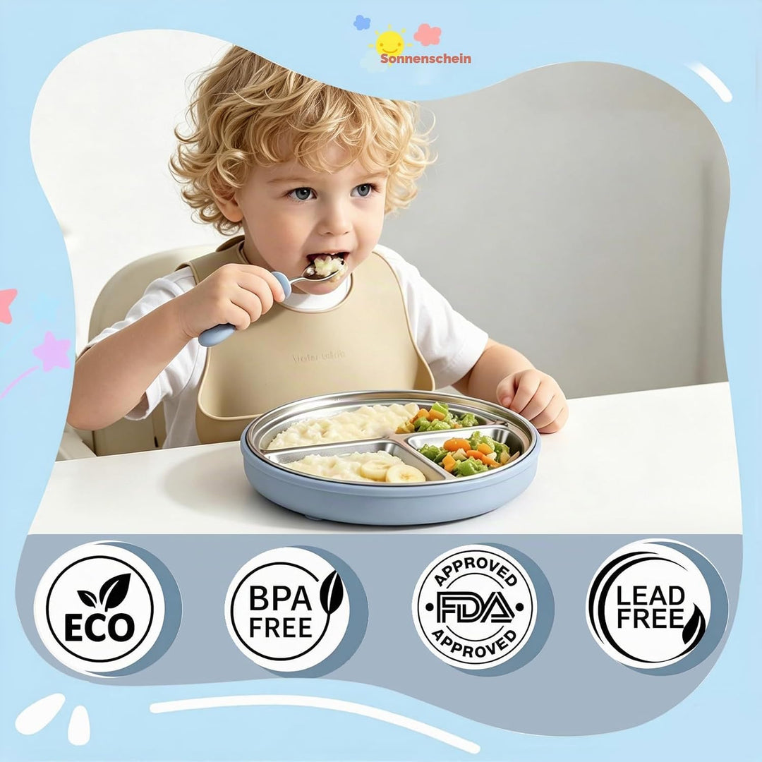 Edelstahl Baby Saugteller Set, Edelstahl Babytelle mit 1 x Gabel und 1 x Löffel, Baby Geschirrmit Ab