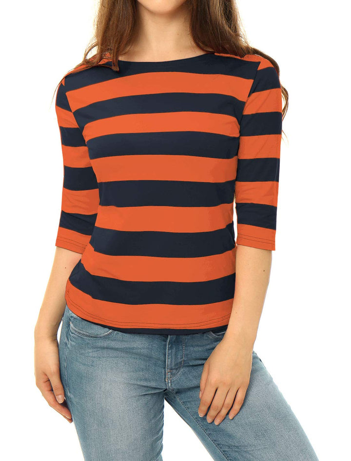 Allegra K Damen Gestreiftes Shirt U Boot Ausschnitt Halbarm Party Ferien Streifen Top Bluse XS Orang