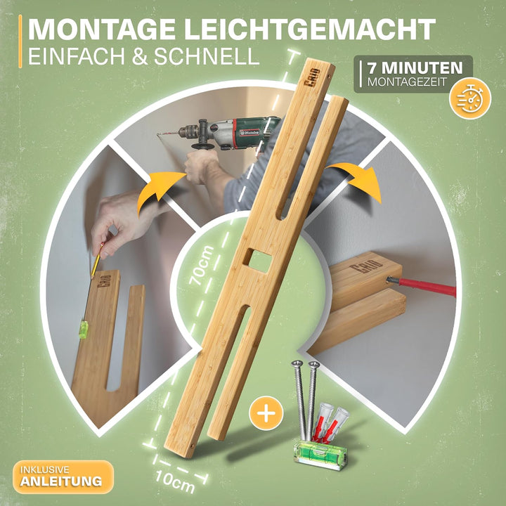 CRID Doppel Skateboard Wandhalterung aus Bambus - Universal Halterung für Skateboard, Longboard, Sno