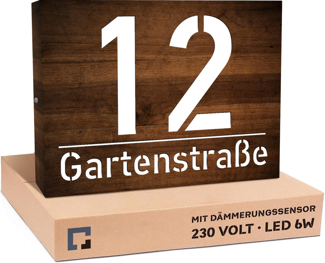 Hausnummer Beleuchtet LED mit Dämmerungssensor 40x30 cm Dunkle Walnuss mit Gravur, 6W A++, 230V, was