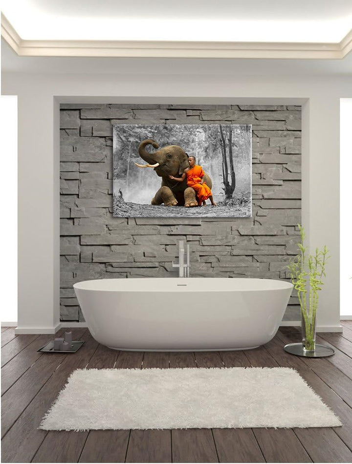 Pixxprint Mönch mit Elefanten im Wald als Leinwandbild | Grösse: 100x70 cm | Wandbild | Kunstdruck |