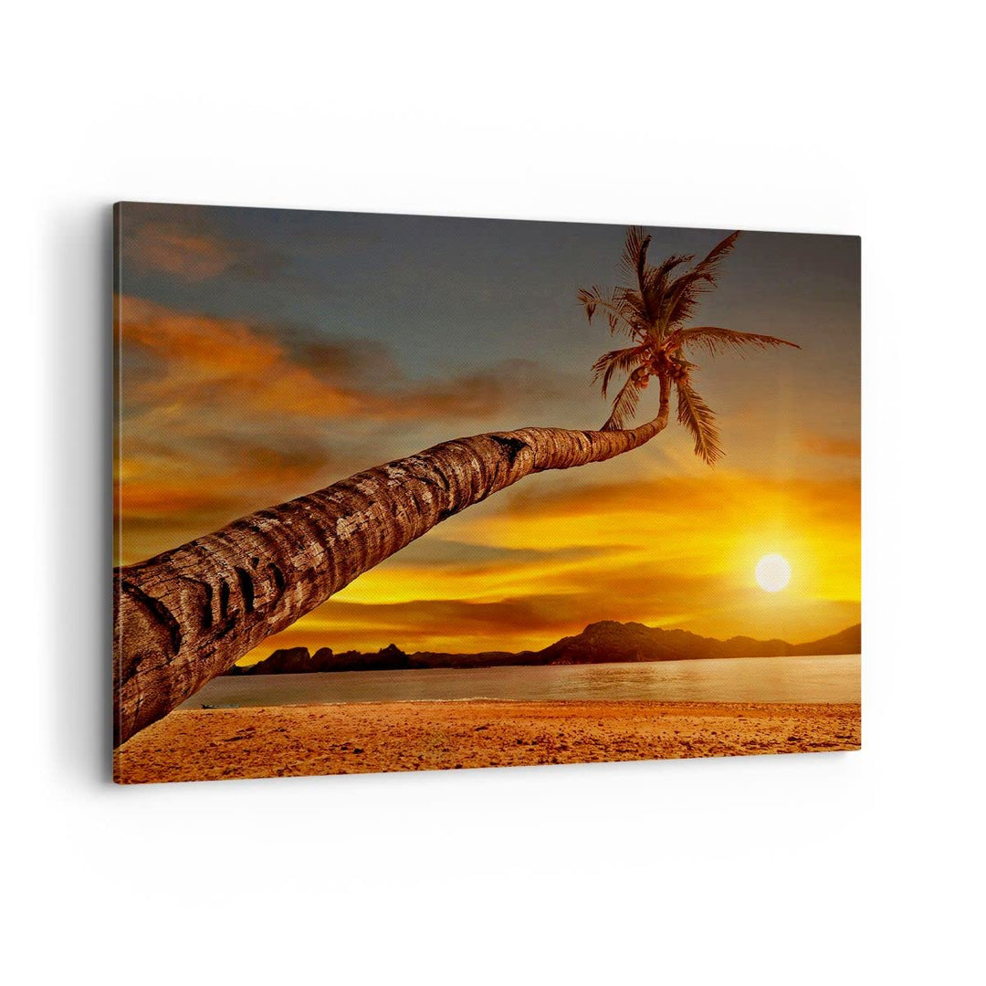 ARTTOR Bilder auf Leinwand 100x70cm Leinwandbild Palme Landschaft Sonne Gross Wanddeko Bild Schlafzi