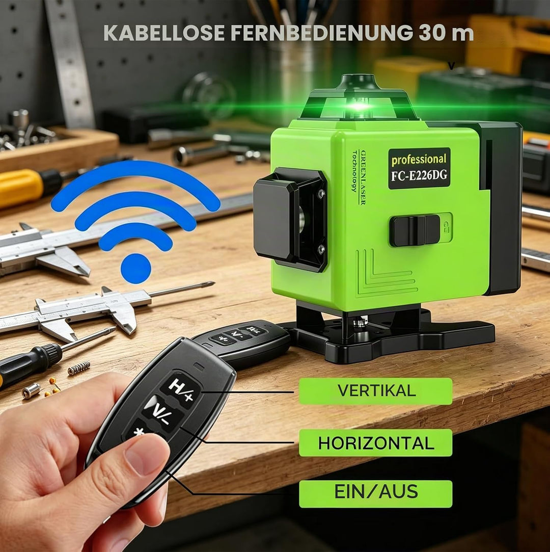 4D Kreuzlinienlaser Grün 360° Selbstnivellierend – 16 Linien Baulaser Set mit Einstellbarer Helligke