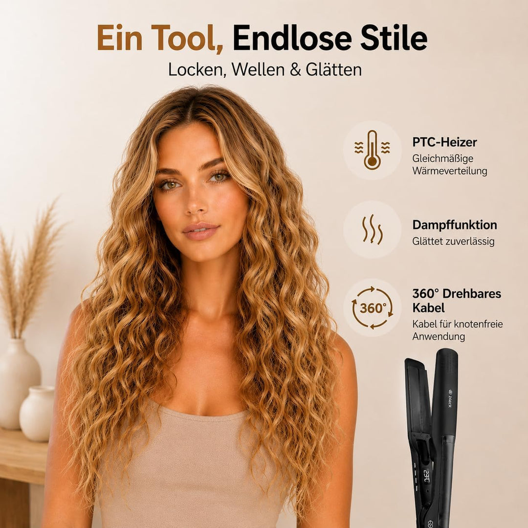 Glätteisen 2-in-1 Professionelles Haarglätter Lockenstab Golden Goods - Dampf & 42mm Breite Titanpla
