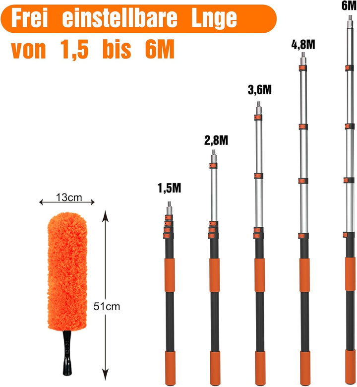 6M Staubwedel Teleskop Waschbar, Spinnwebenbesen mit Teleskopstiel, Staubwedel lang mit austauschbar