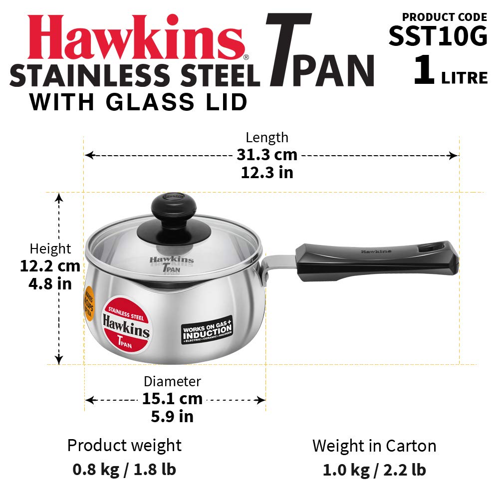 Hawkins Edelstahl Tpan 1 Liter mit Glasdeckel