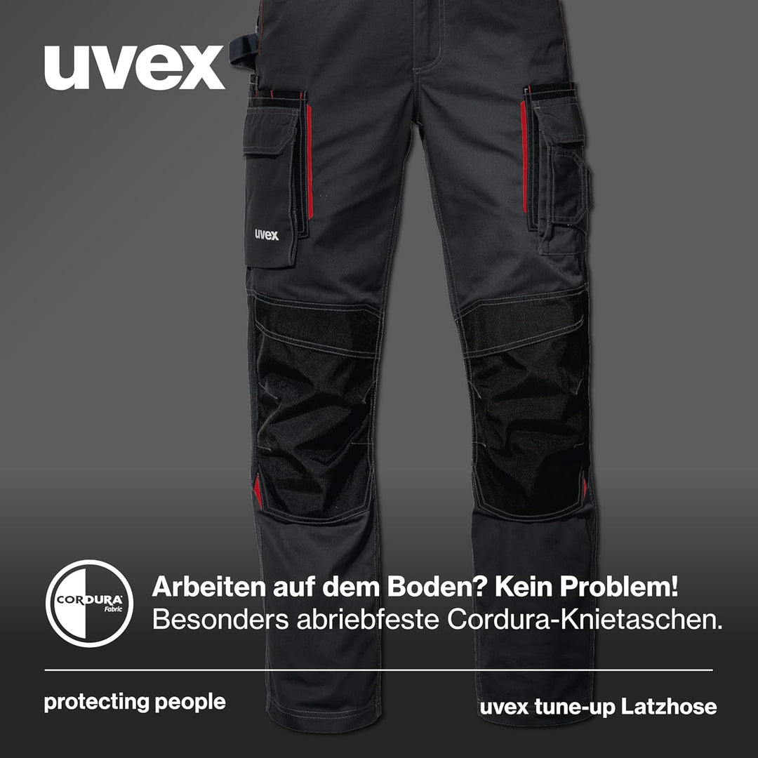 Uvex Tune-up Lange Herren-Arbeitshose - Lange Latzhose mit Knietaschen 42 Schwarz/Active red, 42 Sch