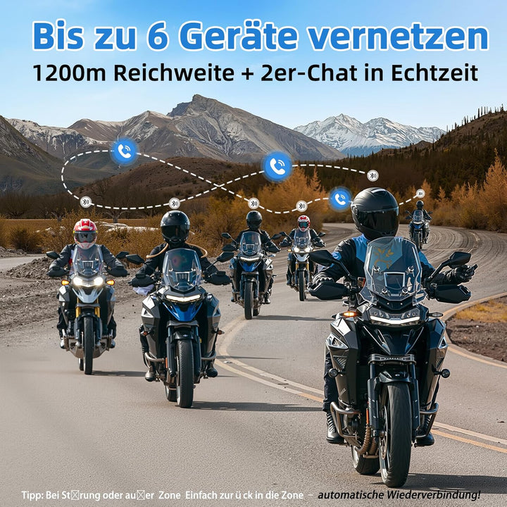 R6S Motorrad Headset Bis zu 6 Motorräder anschliessbarr 1200M Wireless Kommunikationssystem für 2 Pe