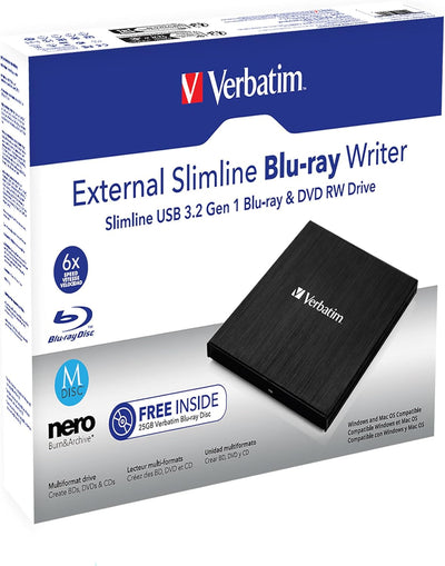 Verbatim Externer Slimline Bluray Writer mit USB 3.0-Kabel, externer DVD und Bluray Brenner, ideal f