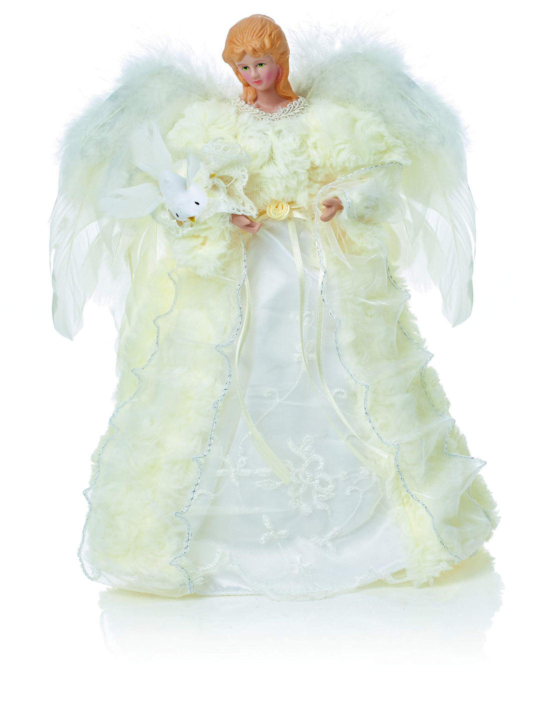 Weihnachtsbaumschmuck Engel mit Taube, mit Federn, Kunstfell, Weiss & Creme