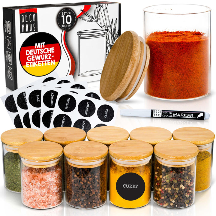 Deco Haus Gewürzgläser Set 10er - Gewürzdosen Set aus Glas - Vorratsgläser Set für Deine Gewürze Auf