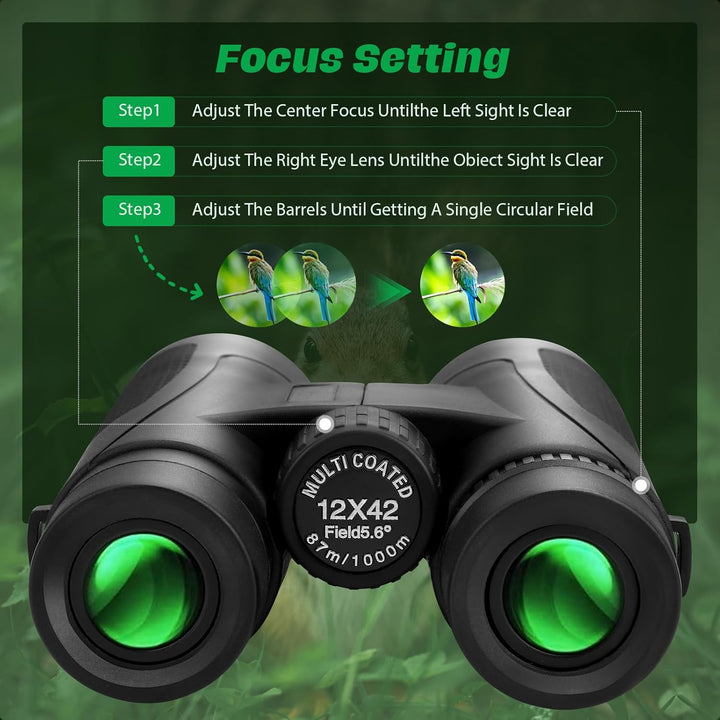 Fernglas Erwachsene 12×42HD, Kompakt Ferngläser mit BAK4 HD Prisma + FMC Objektiv, Binoculars Wasser