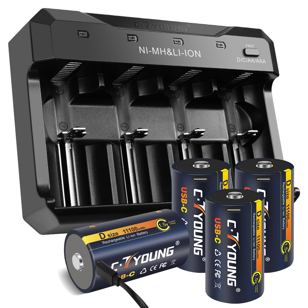 Wiederaufladbare D Batterien mit USB Typ-C Universalladegerät, 4er-Pack 1,5V Lithium D-Zelle 11000mW