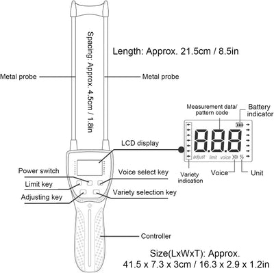 Heu-Feuchtigkeitsmesser, Digitales LCD-Getreide-Feuchtigkeitsmessgerät mit Stimme, 600-mm-Sonden-Feu