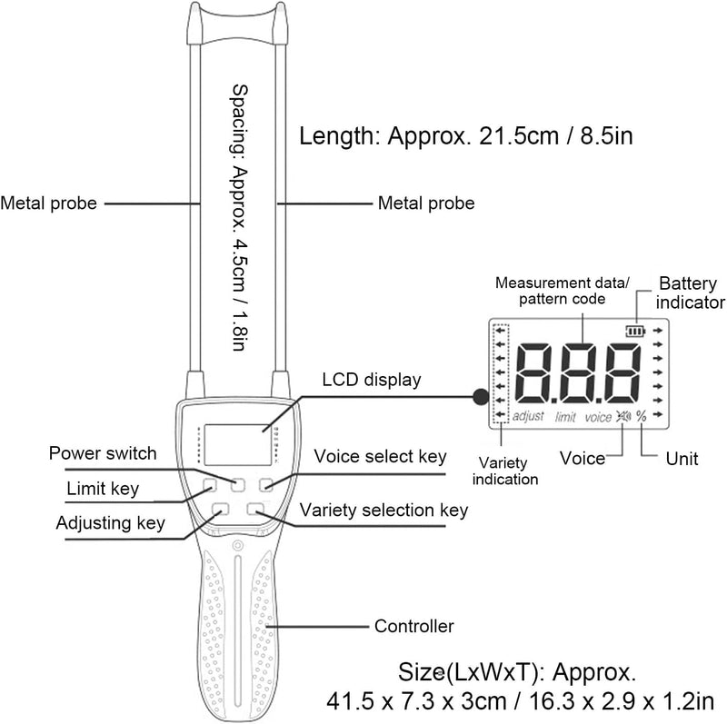 Heu-Feuchtigkeitsmesser, Digitales LCD-Getreide-Feuchtigkeitsmessgerät mit Stimme, 600-mm-Sonden-Feu