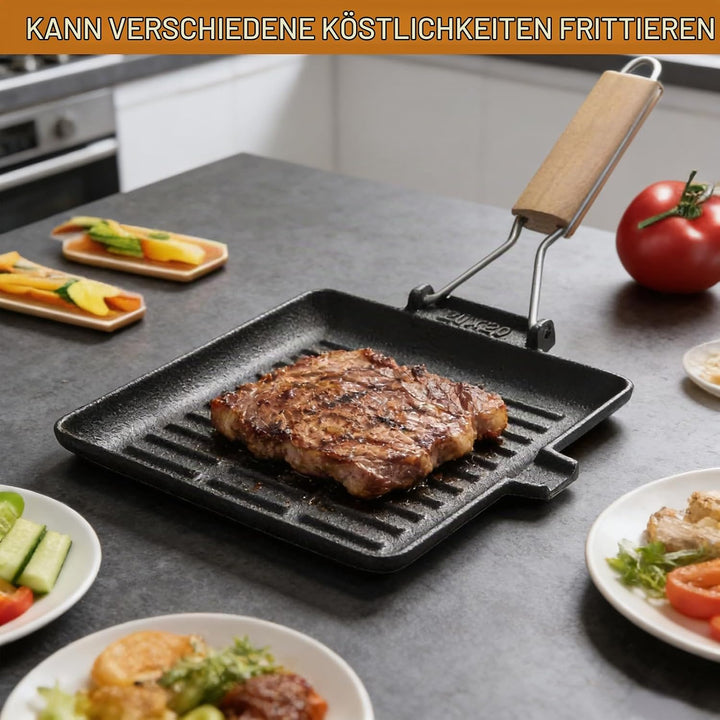 Steakpfanne Gusseisen 20x20cm, Grillpfanne Induktion mit Klappbarem Holzgriff, Viereckige Grillplatt
