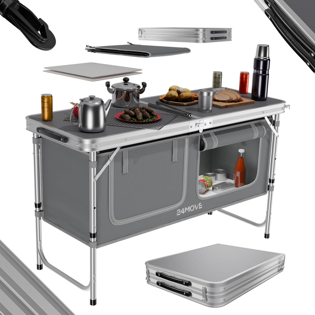 24MOVE® Campingküche faltbar, höhenverstellbarer Campingschrank Alu Reiseküche mit Arbeitsplatte und