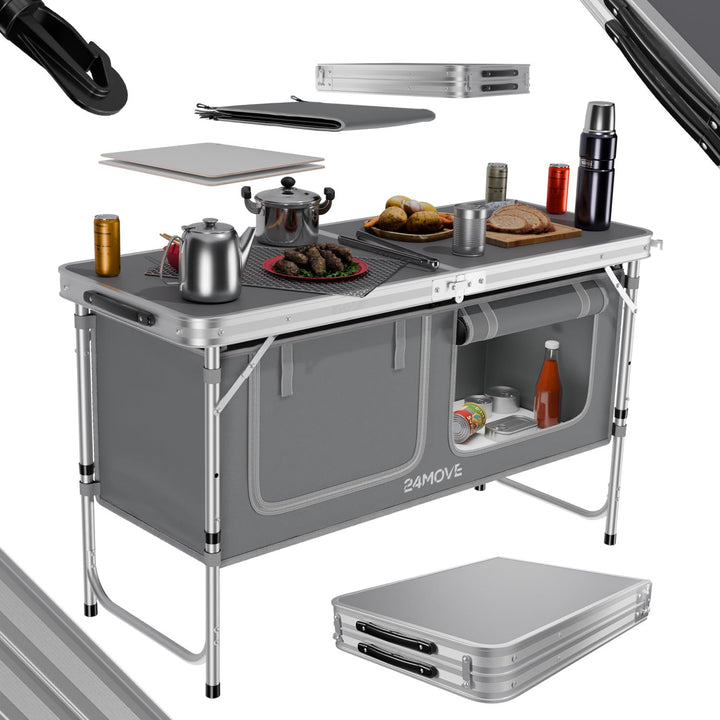 24MOVE® Campingküche faltbar, höhenverstellbarer Campingschrank Alu Reiseküche mit Arbeitsplatte und