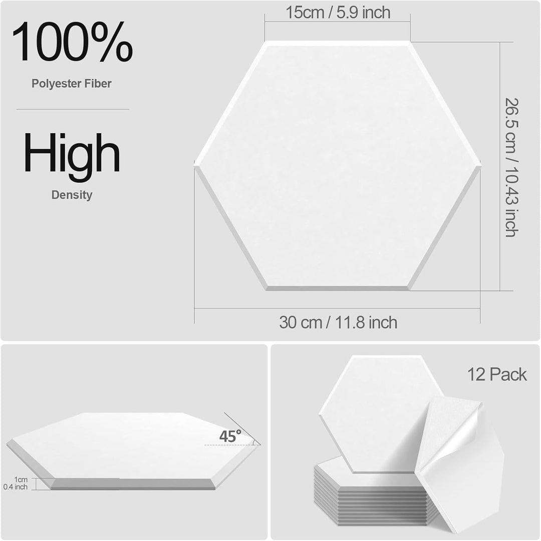 JBER 12 Pack Sechseck-Akustik-Paneele, Schallschutzschaum selbstklebend, 30 X 26 X 1cm High-Density-