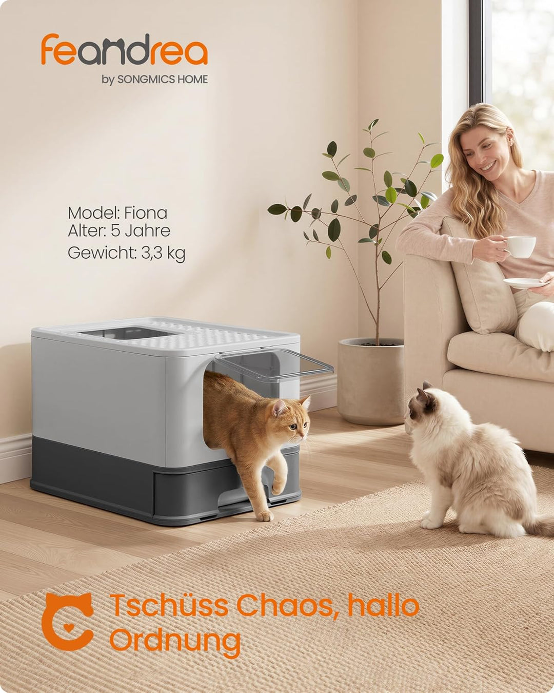 Feandrea Katzenklo Edelstahl, Katzentoilette, mit Deckel, ausziehbares Tablett, Schaufel, Bürste, fü