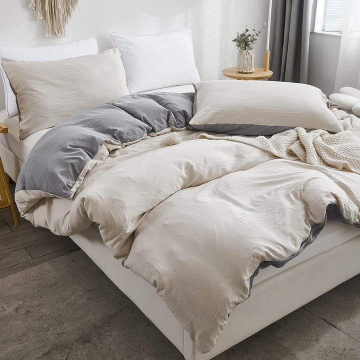 Freyamy Wendbar Bettwäsche 220x240cm 3teilig Beige GrauUnifarben Uni Wendebettwäsche Gewaschene Micr
