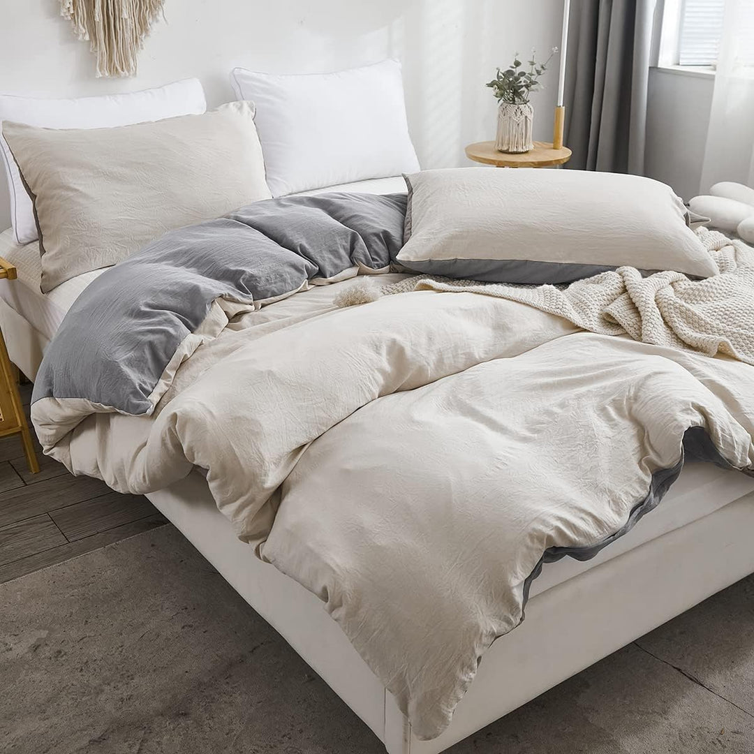 Freyamy Wendbar Bettwäsche 135x200cm 2teilig Beige Grau Unifarben Uni Wendebettwäsche Gewaschene Mic