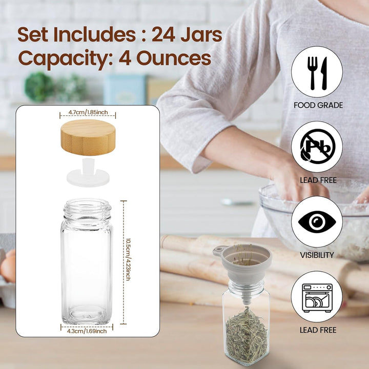 Lannvan Gewürzgläser Eckig Set [24 Stück] mit Bambus Deckel, 120ml Gewürzdosen mit 246 Etiketten, Ge