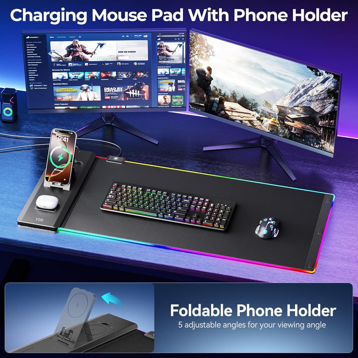 KDD Mauspad Gaming LED 15W Qi Kabelloser Ladung, Gaming Mousepad XXL mit Faltbar Handyhalter, Rutsch