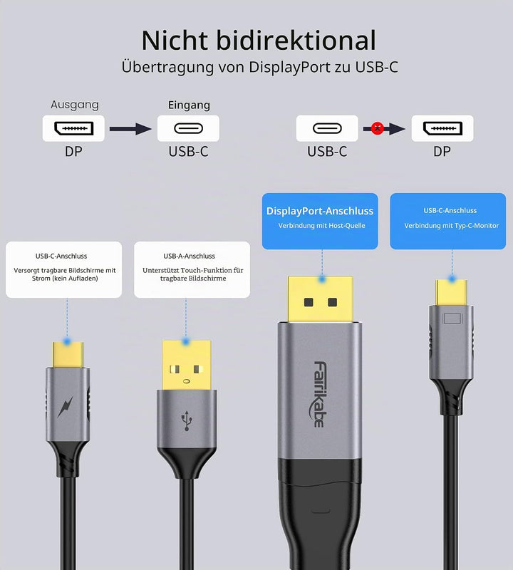 fairikabe DisplayPort auf USB C 4K 60Hz, Upgrade DisplayPort auf USB-C Kabel, 2m, unidirektionales D