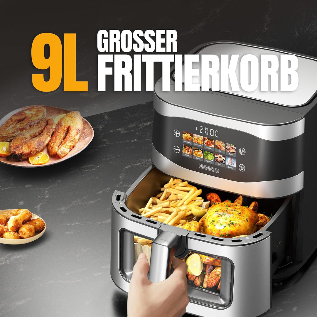 HEINRICHS Heissluftfritteuse, 9 Liter XXL Air Fryer, 10in1 Heissluftfritteuse, LED-Display mit Senso