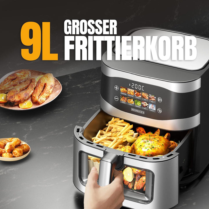 HEINRICHS Heissluftfritteuse, 9 Liter XXL Air Fryer, 10in1 Heissluftfritteuse, LED-Display mit Senso