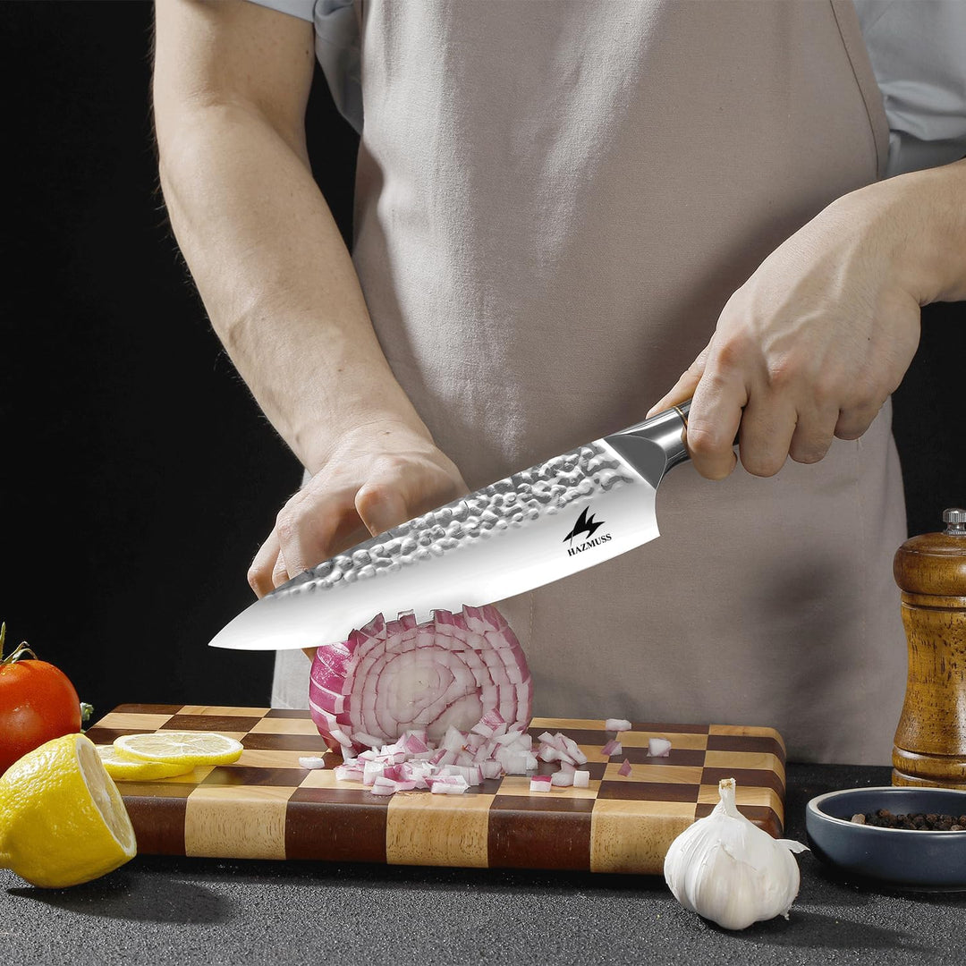Professionelles Gehämmertes Kochmesser, 20,5 cm Klinge aus Kohlenstoffreichen Edelstahl, Unverzichtb