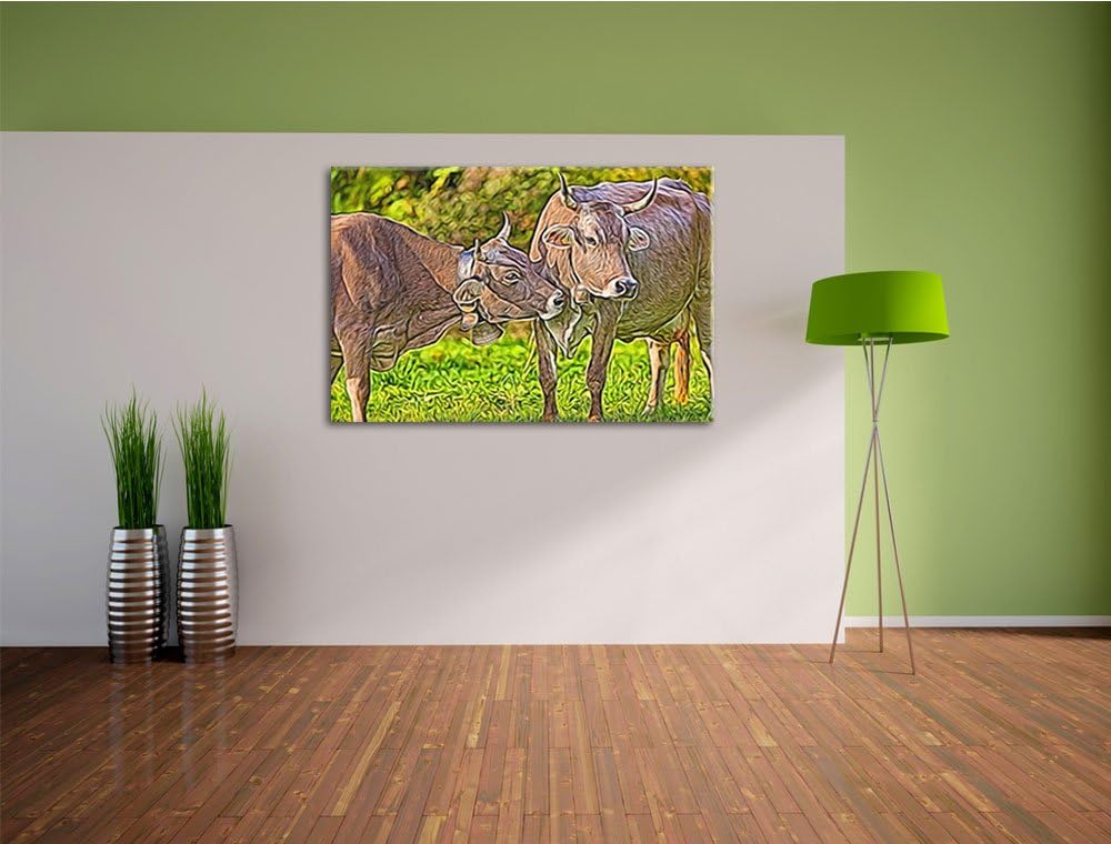 Kuhbullen auf Weide Deluxe Format: 100x70 cm auf Leinwand, XXL riesige Bilder fertig gerahmt mit Kei