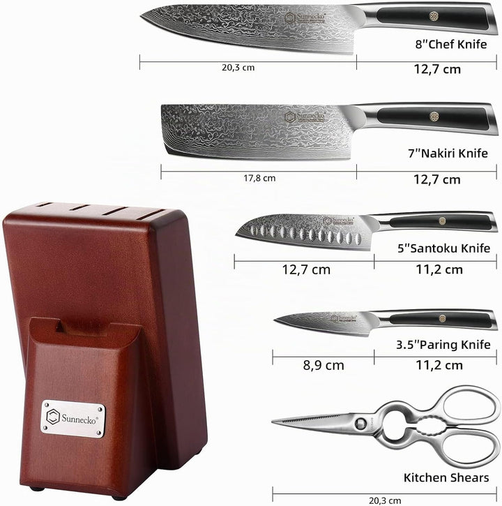 Sunnecko 6pcs Damastmesser Messerblock mit Messer, Messerblock Set Küchenmesser Block Messerblockset
