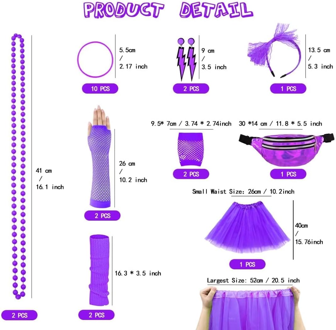 80er Jahre Outfit Damen Set, T-Shirt, Tutu, Gürteltasche, Stirnband, Ohrring, Halskette, Netzhandsch